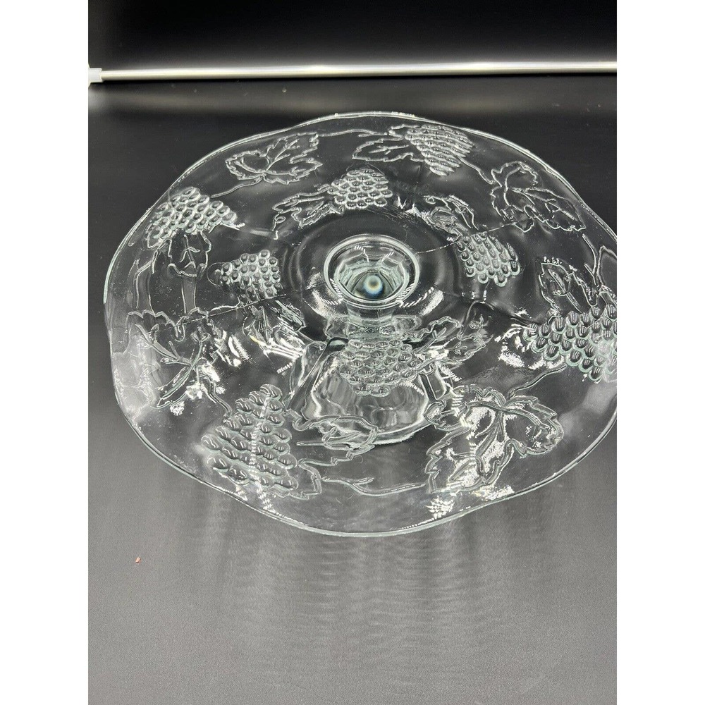 Indiana Glass Colony Clear Harvest Grape Cake Pedestal Stand Scalloped Vintage